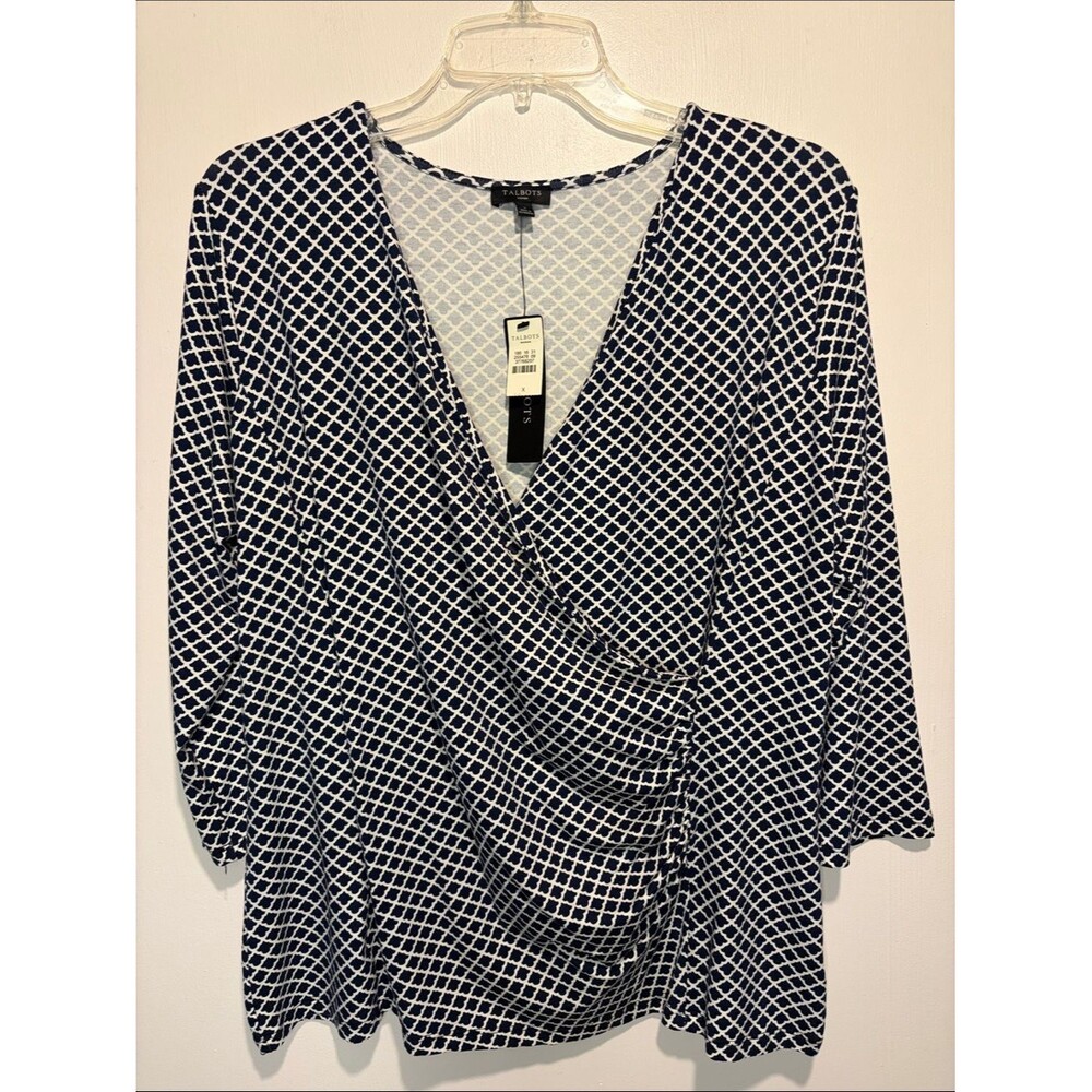 Talbots NWT V Neck Faux Wrap Ruched Geometric Print Sleeves Blouse Top Size 0X